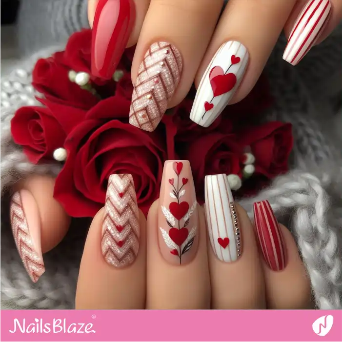 Herringbone and Hearts Nail Design | Valentine Nails - NB2790
